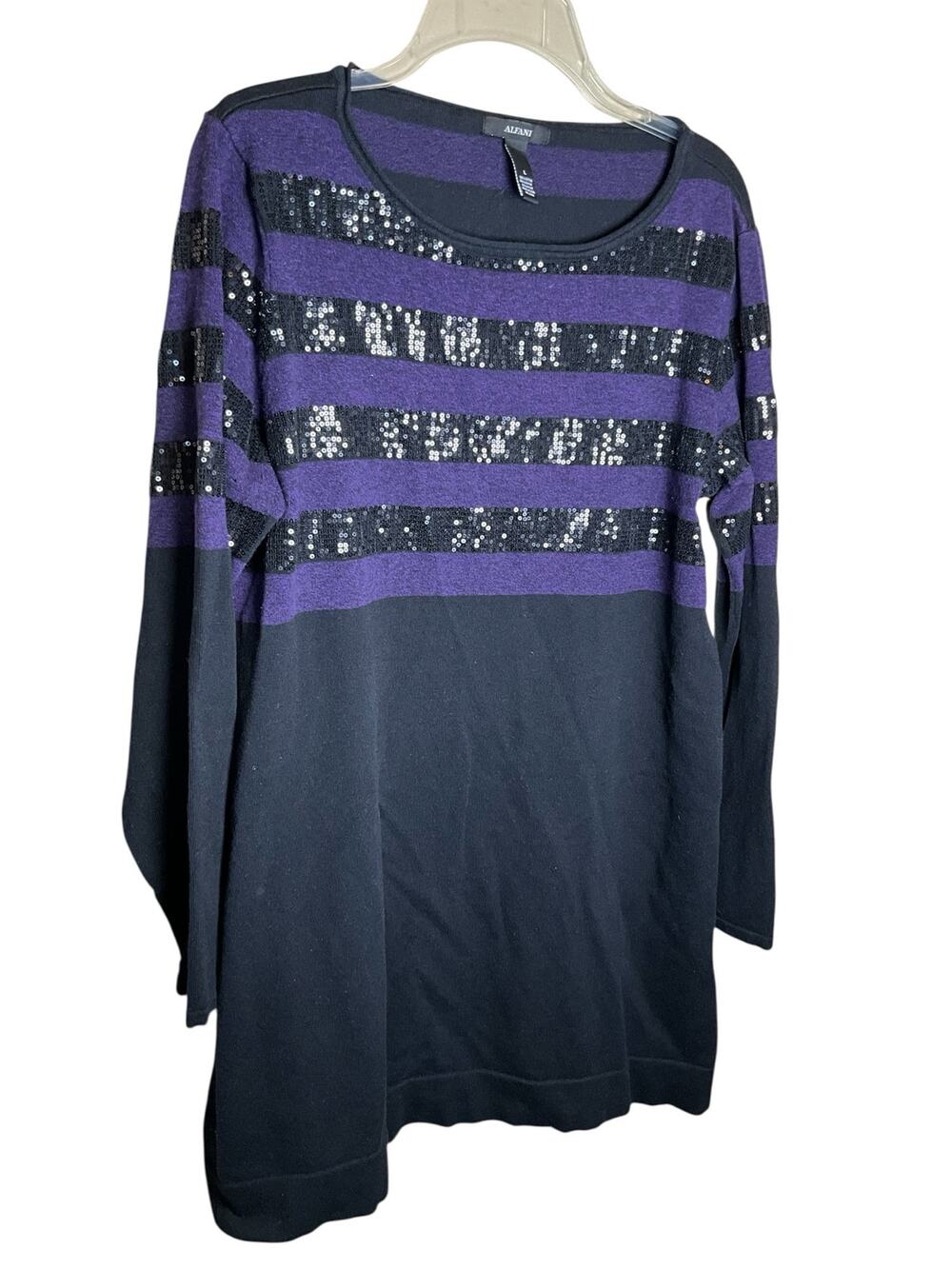 Alfani Shirt Top Womens Large Black Purple Striped Beaded Long Sleeve Round Neck